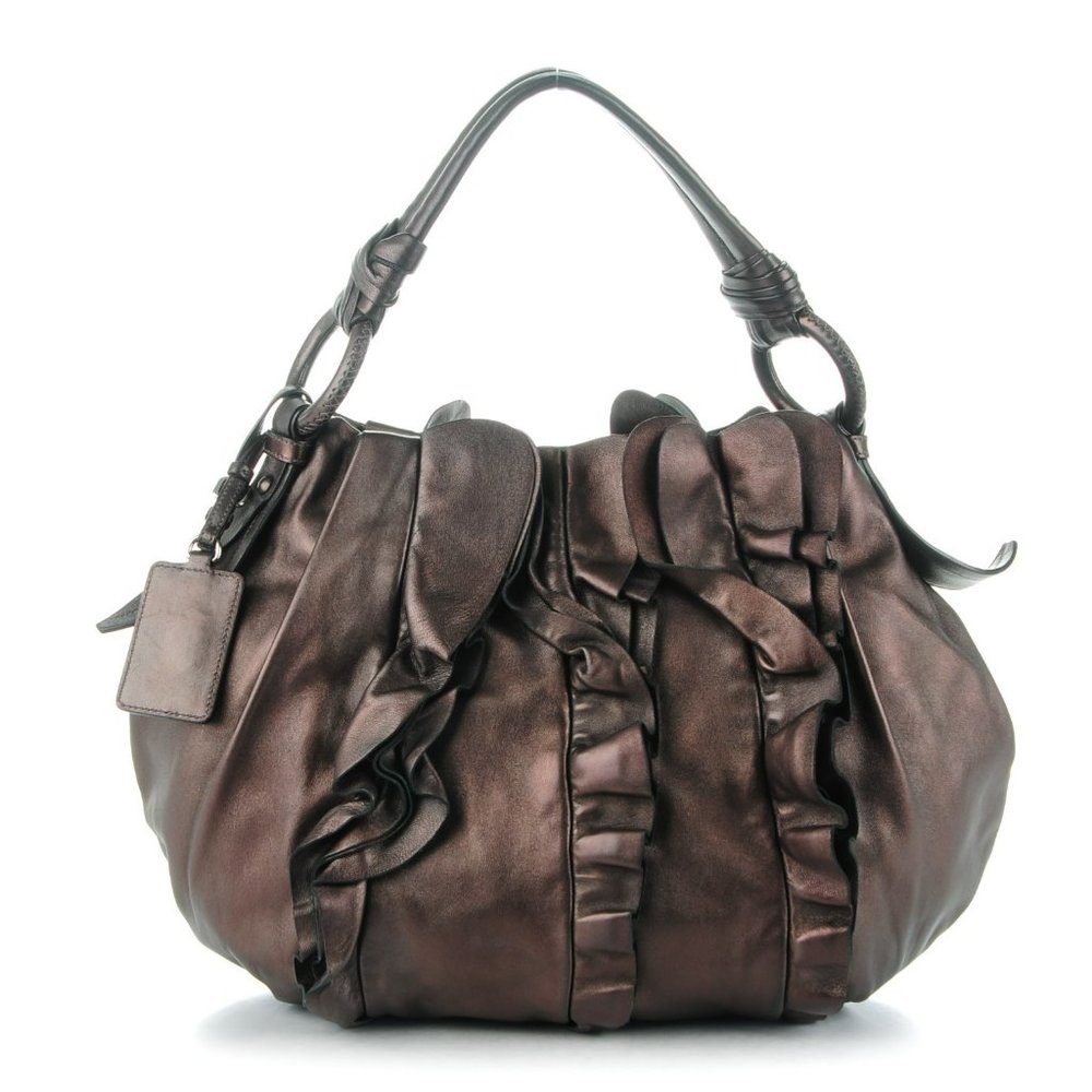 PRADA Metallic Nappa Ruffle Hobo Grafite Mordore